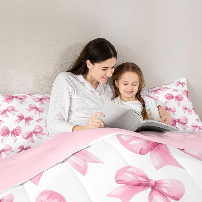 Feelyou Pink Bow Kids Comforter Set King Size Cute Bowknot Bedding Set Princess Decor Duvet Quilt for Kids Boys Girls Bedroom Kawaii Decor Microfiber Ultra Soft Breathable