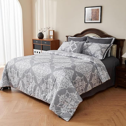 EVENHUG Queen Comforter Set 7 Pieces Lightweight Soft Queen Size Comforters for All Season Floral Bedding Sets Bed in a Bag with Flat Sheet and Fitted Sheet Pillowcases (90"x90")