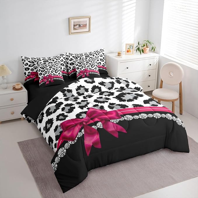 Feelyou Grey Leopard 7 Piece Bedding Set Twin Size Plum Red Bowknot Comforter Set with Sheets for Kids Girls Women Diamond Bed in a Bag Animal Print Bed Set