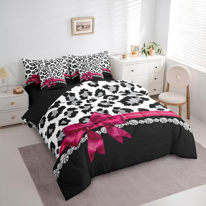 Feelyou Grey Leopard 7 Piece Bedding Set King Size Plum Red Bowknot Comforter Set with Sheets for Kids Girls Women Diamond Bed in a Bag Animal Print Bed Set
