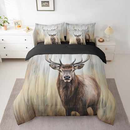 Erosebridal Cute Deer 7 Pieces Bedding Set Queen Size | Hunting Deer Comforter Set with Sheets for Kids Boys Girls Rustic Cabin Bed in A Bag with Flat Fitted Sheets Antler Moose Wild Animal Bed Sets