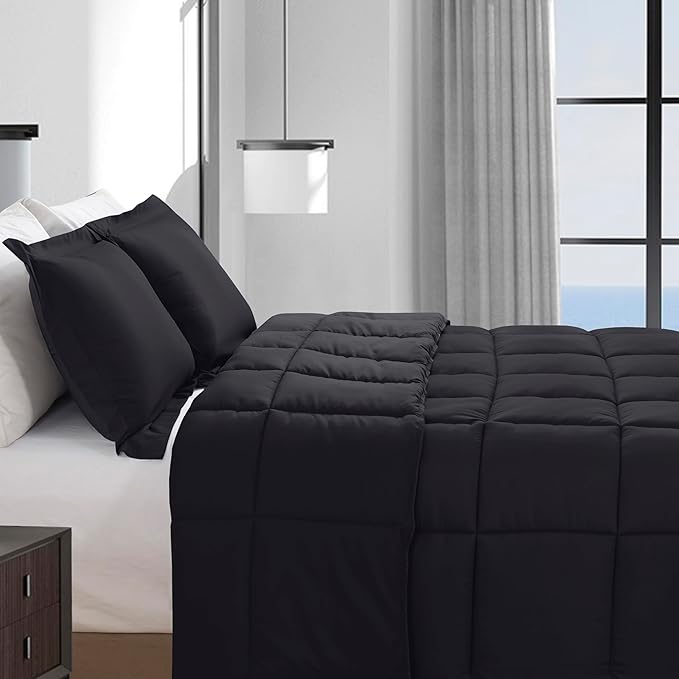Elegant Comfort 3-Piece Box Stitched Down Alternative Comforter with Shams - Ultra Soft for All Season Duvet Insert with Corner Tabs, Plush Cozy 3PC Comforter Set, Queen, Black