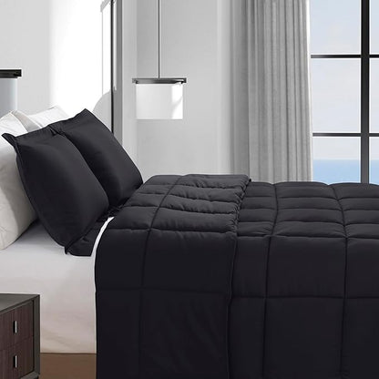 Elegant Comfort 3-Piece Box Stitched Down Alternative Comforter with Shams - Ultra Soft for All Season Duvet Insert with Corner Tabs, Plush Cozy 3PC Comforter Set, Full, Black