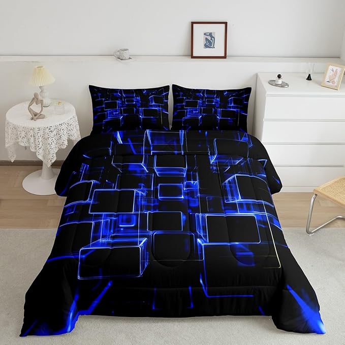 Erosebridal Honeycomb Blue and Black Kids Comforter Set, Modern Geometric Square Bedding for Boys Girls Gradient Neon Light Abstract Duvet Set Queen 3 Pieces