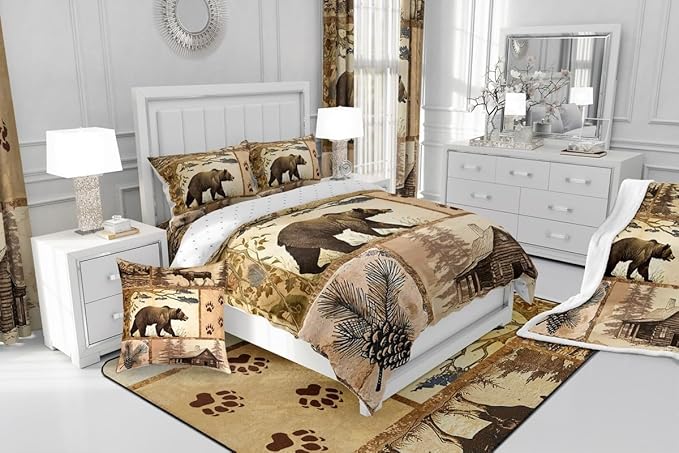 Feelyou Western Rustic Bear Comforter Set Twin Size, Wooden Board Farmhouse Duvet Insert, Forest Animal Wildlife Hunting Country Brown Patchwork Bear Paw Print Quilt,1 Comforter 1 Pillow Shams