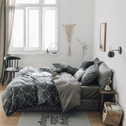 mixinni Queen Size Comforter Set Soft Geometric Grey Geometric Checkered Plaid Printed Bedding Comforter for Men Boys, 1 Soft Microfiber Reversible Comforter with 2 Pillowcases for All Seasons