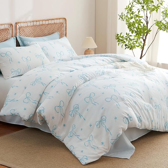 Twin Comforter Set White - Blue Bow Quilt Bedding Set 2 Pieces, Comforter Set Twin Size, Soft Lightweight Comforter(68‘’ x 90‘’) for Girl All Season & 1 Pillow Case(30‘’x20‘’)