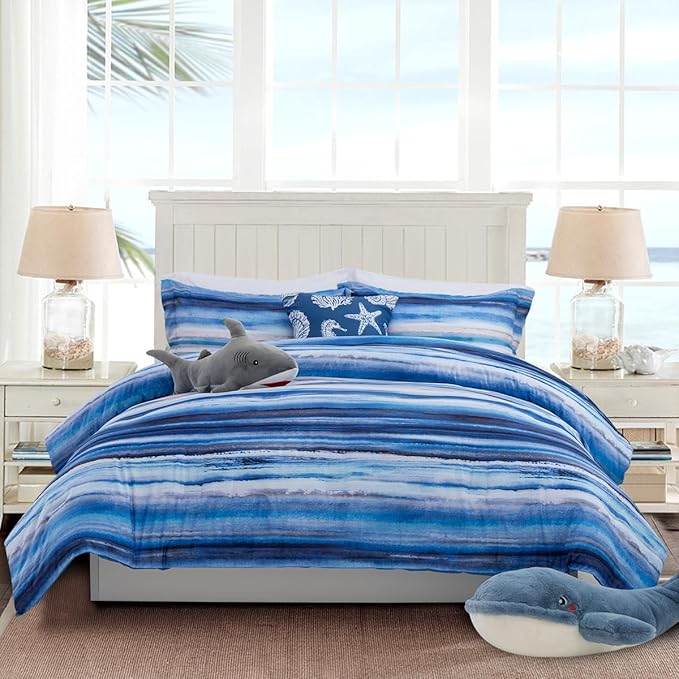 Holawakaka Beach Stripe Bedding Sets 6 Pieces, Blue Coastal Striped Comforter Set Queen Size All Season Geometric Bed Set, Nautical Bed in a Bag with Comforter, Sheets and Shams