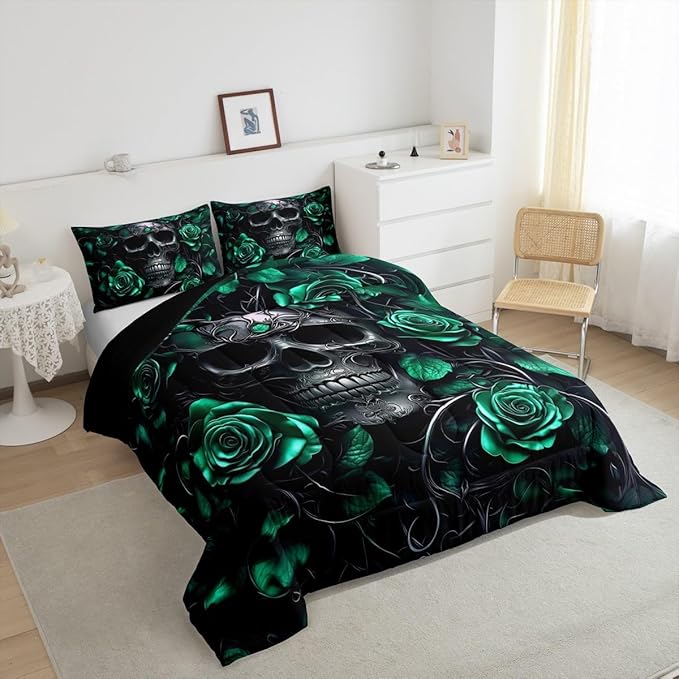 Erosebridal Adults Gothic Comforter Set Bohemian Boho Goth Bedding Full Size Vintage Horror Skull Bed Sets Sage Green Rose Baroque Victorian Romantic Rose Duvet Insert,Halloween Gothic Decor