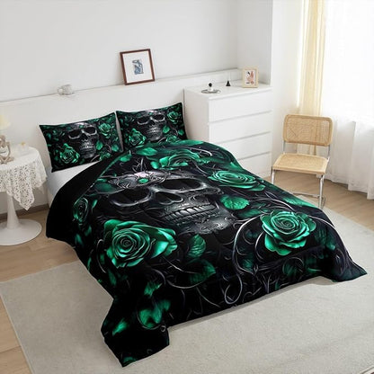 Erosebridal Adults Gothic Comforter Set Bohemian Boho Goth Bedding Set Twin Vintage Horror Skull Bed Sets Sage Green Rose Baroque Victorian Romantic Rose Duvet Insert,Halloween Gothic Decor