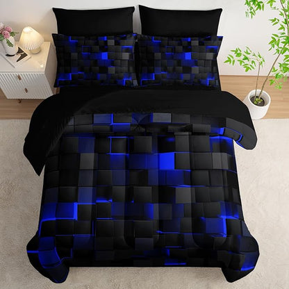 Geometric Blue Black Twin Comforter Set,Light Honeycomb Bedding Set 7 Piece in A Bag,Bed Sheet Set Geometry Decor,Microfiber Lightweight All Season