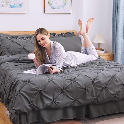 JOLLYVOGUE Dark Grey Bed in a Bag Comforter Set for Bedroom, Pintuck Twin Size Comforter Sets 5 Pieces, Beddding Sets with Comforter, Sheets,Ruffled Shams & Pillowcases