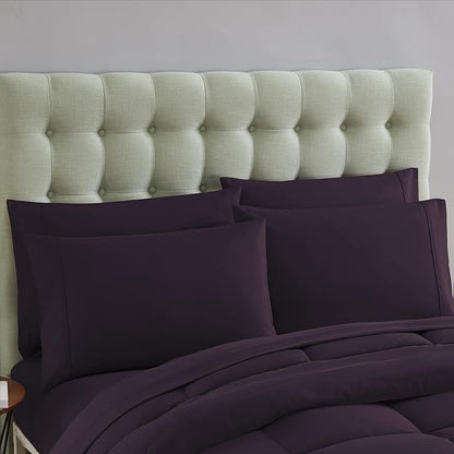 Sweet Home Collection 7 Piece Comforter Set Bag Solid Color All Season Soft Down Alternative Blanket & Luxurious Microfiber Bed Sheets, Purple, Twin