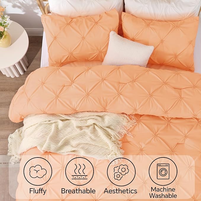 BEDELITE Apricot Twin Comforter Set - 2 Peices Boho Pintuck Bedding Comforter Sets, Lightweight Soft & Warm Twin Bedding Sets with 1 Pillowcase for All Season
