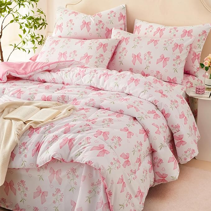 Pink Bow Comforter Set Full 3Pcs Pink Floral Bedding Set for Girls Kids Romantic Princess Style Bowknot Bedding Ultra Soft Reversible Garden Flower Comforter Sets with 2 Pillowcases