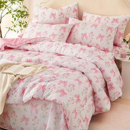 Pink Bow Comforter Set Full 3Pcs Pink Floral Bedding Set for Girls Kids Romantic Princess Style Bowknot Bedding Ultra Soft Reversible Garden Flower Comforter Sets with 2 Pillowcases