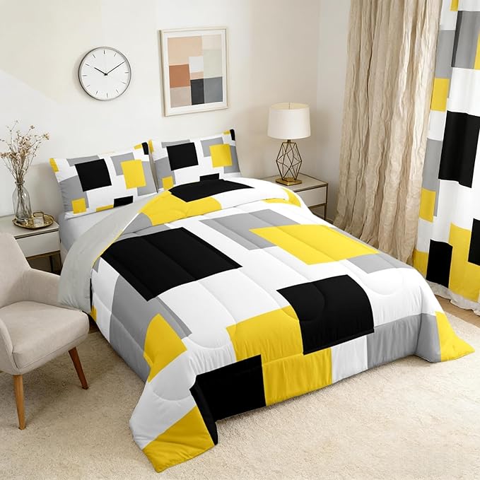 Castle Fairy Geometric Grid Square Splicing Comforter/Duvet Set King Size,Yellow Grey White Ultra Soft Bed Collection,Modern Abstract Bedding for Room Decor 3 Pcs,Microfiber Breathable