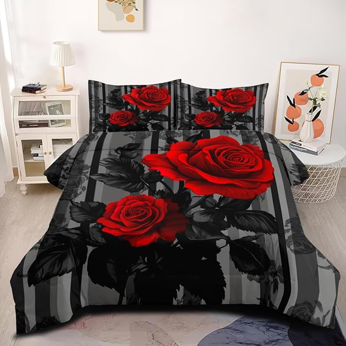 Comforter Set Full Size for Girls Romantic Red Rose Comforter Set Black Floral Bedding Set for Bedroom Decor - 3Piece Soft Fluffy Microfiber with 2 Pillowcases