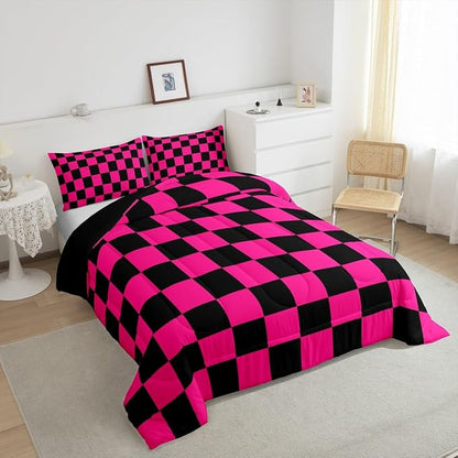 Feelyou Checkered Bedding Set Teen Women Men Dark Red Black Plaid Comforter Set Queen Size Kids Boys Girls Cute Retro Neutral Checkerboard Geometric Duvet Insert Vintage Aesthetic Room Decor