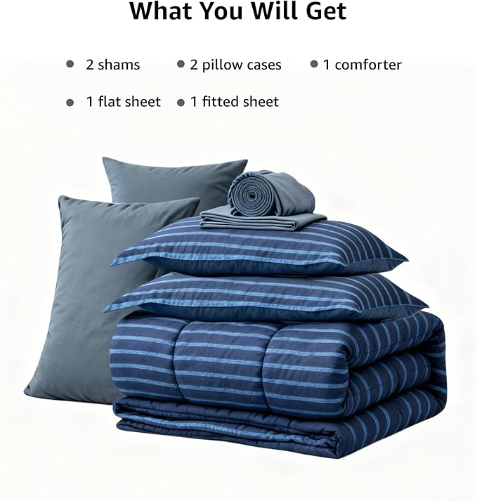 Monbix Full Size Comforter Set - 7 Pieces Bed in a Bag Full, Navy Blue-Stripe Bedding Sets, All Seasons Comforter Bed Set with Sheets, Pillowcases & Shams