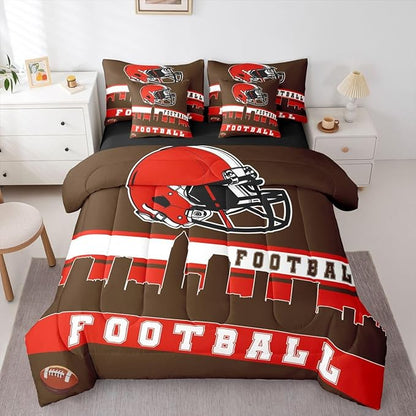 Erosebridal Football City 7 Pcs Comforter Set King Football Bedding for Boys Girls Brown Red Rugby Game Sheet Set Bed in A Bag Football Fans Bedroom Decor Sports Ball Team Quilt