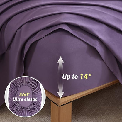 Luxudecor Queen Comforter Set 7 Pieces Bedding Sets,Grayish Purple Floral Comforter and Sheet Set, Soft Microfiber Bed in a Bag for All Seasons (Grayish Purple,90"x90")
