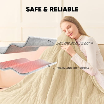 greenoak Heated Blanket Electric Throw 50"X60", Heating Blanket with 10 Heat Levels 8 Hours Auto-Off,Fleece Soft Blanket, Birthday Gifts for Grandma Seniors, Beige