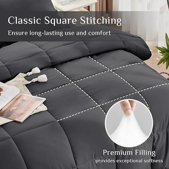 JOLLYVOGUE California King Comforter Set, Ultra-Soft Bed in a Bag Cal King Size 7 Pieces, Oeko-TEX Certified Bedding Set with Down Alternative Comforter, Sheets, Pillowcases & Shams, Dark Grey