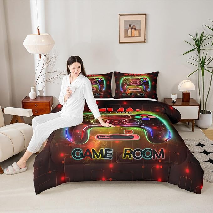 jejeloiu Cool Gamer Bedding Set Twin Size for Boys 3D Gaming Comforter Set Kids Teens Bright Red Duvet Set Modern Game Console Quilt Set 2Pcs
