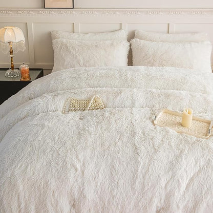 chovy Faux Fur Plush White Comforter Sets Twin/Full Size - Ultra Soft Shaggy Flannel Velvet Fluffy Fuzzy 3PC Bedding Set （Comforter x 1 Pillowcases x 2）