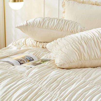 Bonlino Queen Comforter Set - Ruched Comforter Queen Size Bed Set Boho Shabby Chic Bedding for Bedroom Comforter Fluffy 3 Piece Ruffle Comforter Set with Pillow White Bedding Soft