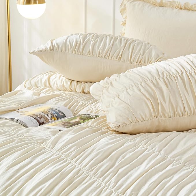 Bonlino King Size Comforter Set Bedding - Ruched Wheat Comforter King Bed Set Boho Shabby Chic 3 Piece Ruffle Comforter Set with Pillow White Fluffy Soft and Luxury