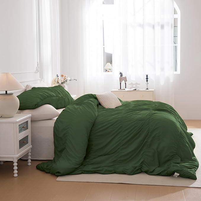 Masaca Oversized King Comforter 128"x120",Olive Green Ruched Shabby Boho Chic Bedding Comforter Set,3 Pieces Soft Lightweight Dark Green Ruffle Farmhouse Bedding Set Extra Large