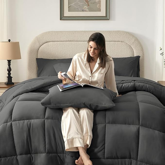 SunStyle Home Dark Grey Full/Queen Comforter Set - 7 Pieces Bed in a Bag, Lightweight Goose Down Alternative Bedding Sets with All Season Comforter, 1 Flat Sheet, 1 Fitted Sheet, 4 Pillowcases