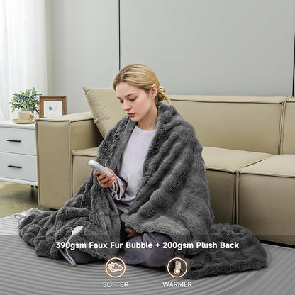 Heated Blanket Electric Throw- 50"x60" Soft Thick Bubble Electric Blanket for Sofa with 5 Heat Levels & 4 Hours Auto-Off Overheat Protection, Warm Cozy Gifts, Light Grey
