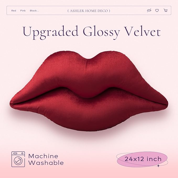 Ashler Upgraded Glossy Velvet Lip Shape Throw Pillow, Delicately Soft, Glossy Shimmering and Brilliant with Velvet Backing for Sofa, Bed and Living Room, Red, 24 X 12 Inches