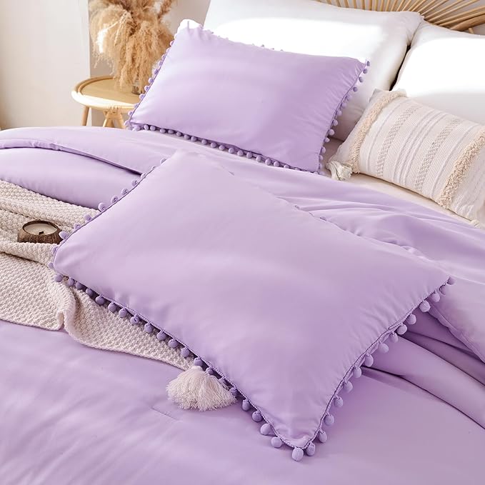 YIRDDEO Twin Comforter Set - Comforter Twin Size Bed with Ball Pom Fringe, Soft Bedding Set for All Seasons - 2 Pieces, 1 Comforter (66"x90") & 1 Pillow Sham(20"x26"), Lavender Purple
