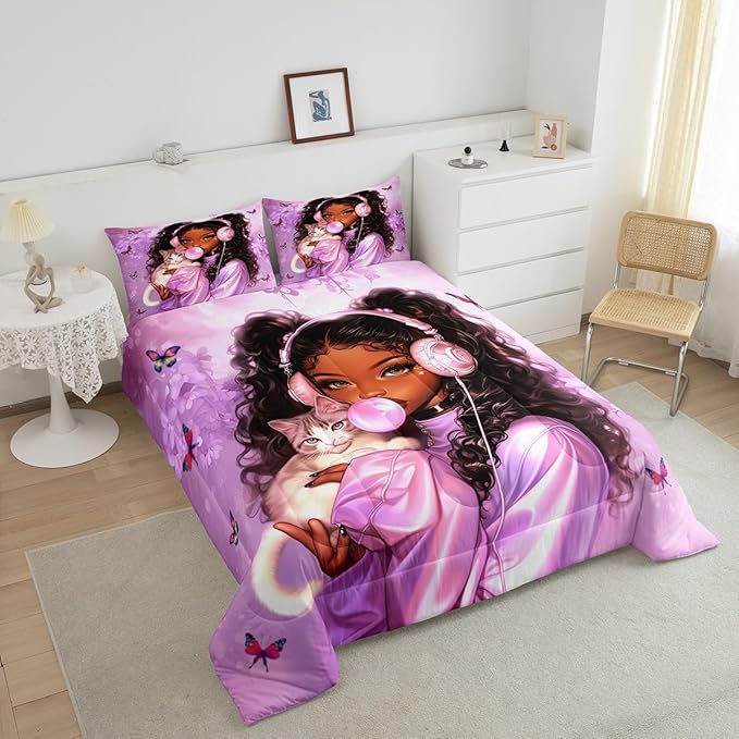 Manfei Black Princess Kids Comforter Set King Size,Cartoon Cat Cute Animal Pet Bedding Set,Girls Women Room Decor,African American Theme Girl Down Comforter,Purple Romantic Duvet Insert,2 Pillowcases