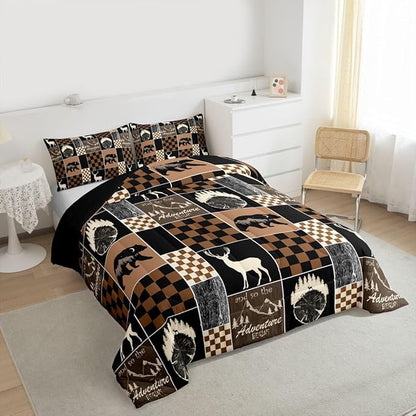 Boys Bear Deer Plaid Comforter Set, Rustic Cabin Lodge Bedding For Kids Bedroom, Brown Black Buffalo Quilt Hunting Wildlife Camping Farmhouse Patchwork Duvet Insert Deer Decorations For Home, King