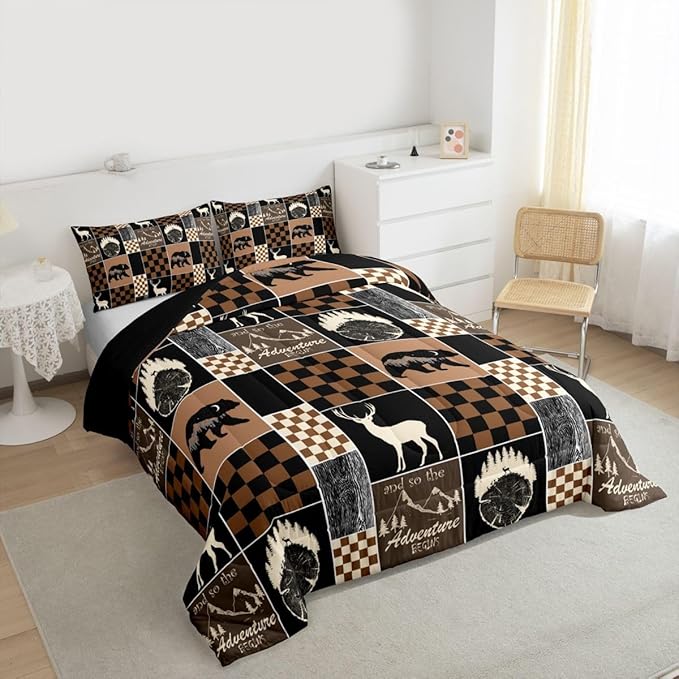 Boys Bear Deer Plaid Comforter Set, Rustic Cabin Lodge Bedding For Kids Bedroom, Brown Black Buffalo Quilt Hunting Wildlife Camping Farmhouse Patchwork Duvet Insert Deer Decorations For Home, Twin