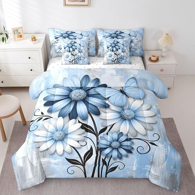 Feelyou Blue Floral Comforter Set With Sheets 7 Piece Full Size Daisy Blossom Flowers Pattern Bedding Set for Kids Boys Girls Abstract Geometric Art Bed in a Bag Room Decor Soft Lightweight Microfiber