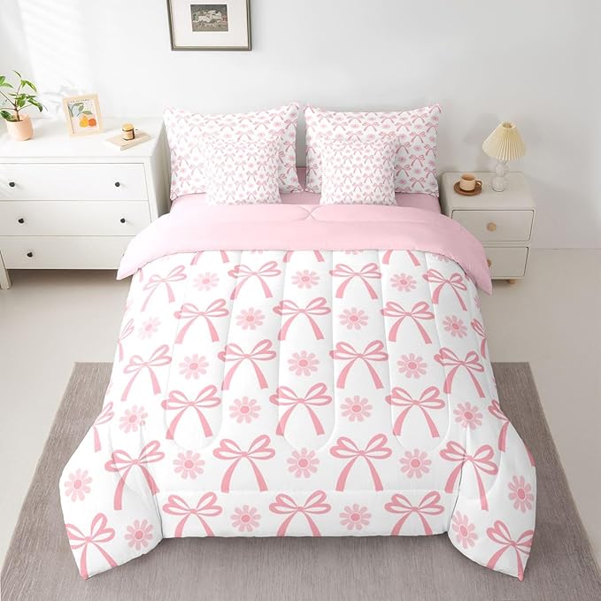 Feelyou Pink Bow Comforter Set Queen Size 7 Pieces Groovy Flower Daisy Bedding Set for Kids Boys Girls Cute Bowknot Bed in a Bag with Comforter, Sheets, Pillowcases, Cushion Covers Kawaii