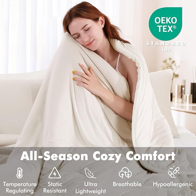 Elegear Queen Comforter Set Beige, PCM Temperature Regulating Ultra-Soft Bedding Set Reversible, 3Pcs Upgraded Micro Fleece Lightweight Comforter Set All Season, 1 Comforter 90x90, 2 Pillowcase 20x26