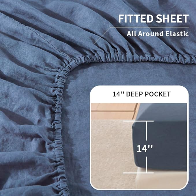 Simple&Opulence Belgian Linen Sheet Set Solid Color - 4 Pieces (1 Flat Sheet, 1 Fitted Sheet & 2 Pillowcases) Natural Flax Cotton Blend Soft Breathable Farmhouse Bedding - Full Size, Classic Blue