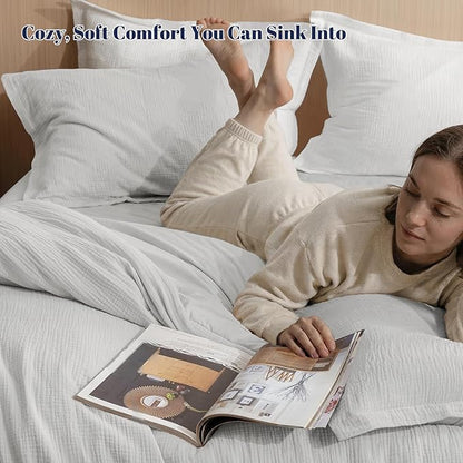 PHF Cotton Muslin Comforter Set King – 100% Cotton Cover, Ultra Soft & Breathable, 3PCS Lightweight All-Season Bedding with Polyester Fill, 1 Comforter 104"x90" & 2 Pillow Shams 20"x36", Light Grey