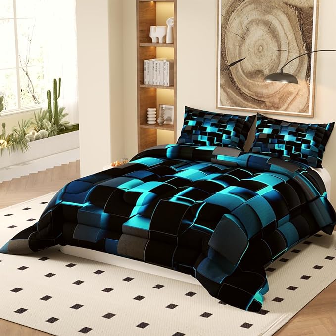Turquoise Black Comforter Set, Light Honeycomb Theme 3D Pattern for Kids Teens Adults,Decorative Bedding Comforter Sets with 2 Pillow Shams, Full Size