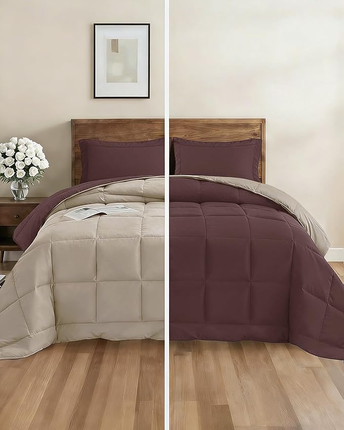 Queen Comforter Set - 7 Piece Bed in a Bag Queen Size Bed Set - Down Alternative Comforter, Flat Sheet, Fitted Sheet, Pillowcase & Shams for All Seasons - Ultra Soft, Comfy & Breathable - Brown/Beige