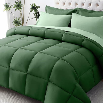 JOLLYVOGUE California King Comforter Set, Ultra-Soft Bed in a Bag 7 Pieces, Oeko-TEX Certified Bedding Set with Down Alternative Comforter, Sheets, Pillowcases & Shams, Dark Green & Light Green