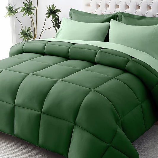 JOLLYVOGUE California King Comforter Set, Ultra-Soft Bed in a Bag 7 Pieces, Oeko-TEX Certified Bedding Set with Down Alternative Comforter, Sheets, Pillowcases & Shams, Dark Green & Light Green