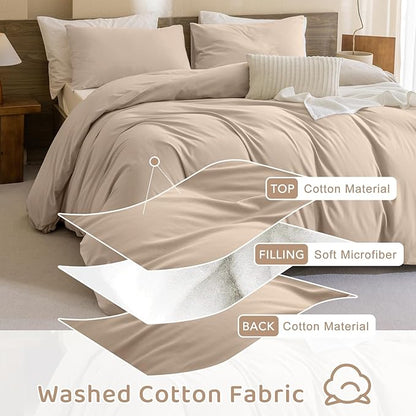 Sanracie Queen Size Comforter Sets, 3Pcs Cotton Warm Taupe Colored Bedding Comforter Sets Extra Soft Breathable Bed Comforter Set for All Season